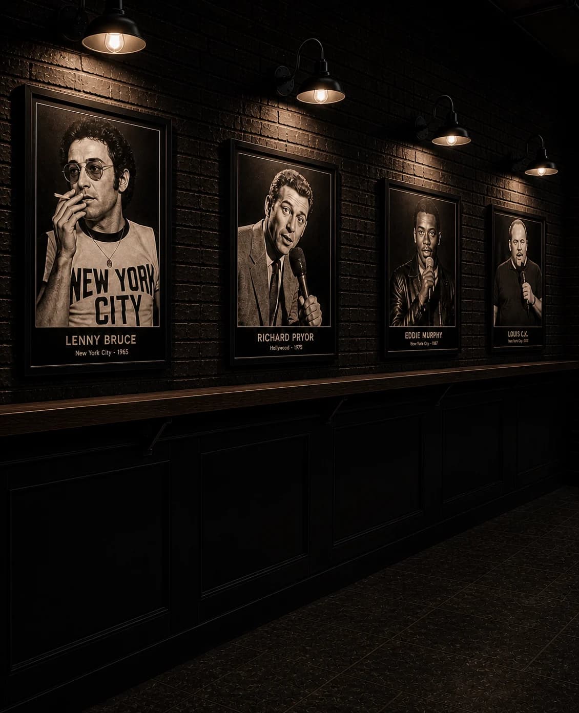 Framed portraits of comedy legends on the Whiplash Comedy wall